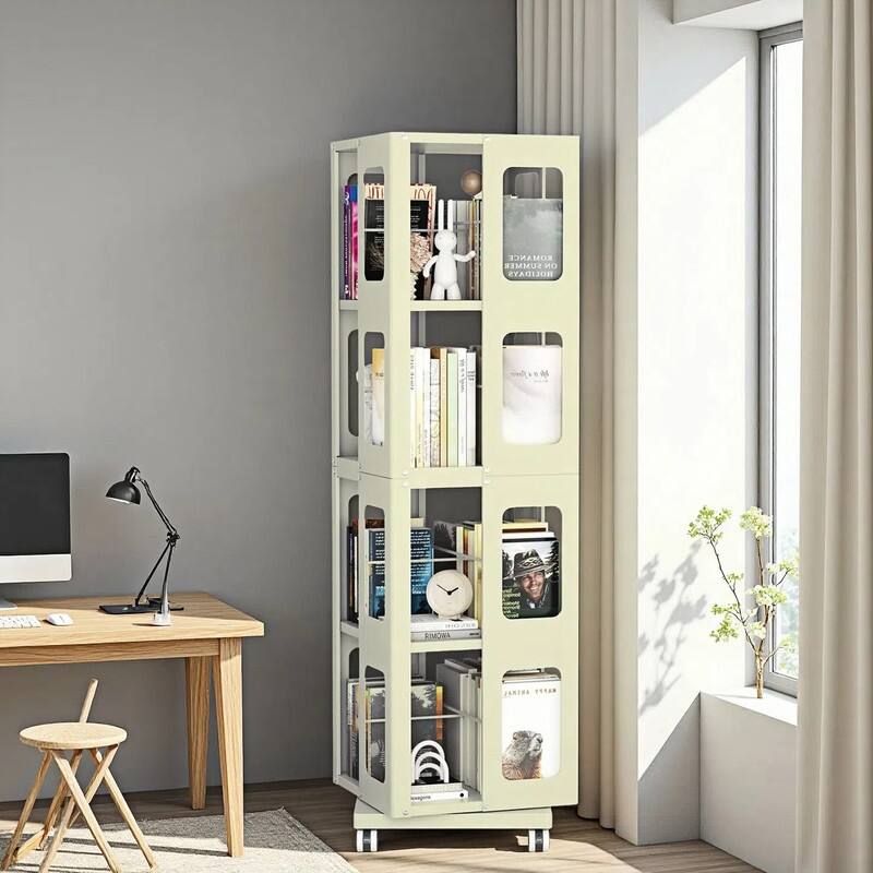 Rotating Bookshelf Tower 4 Tier All-Steel with 360° Wheels，Moveable Storage Rack Corner Bookshelf - Yellow