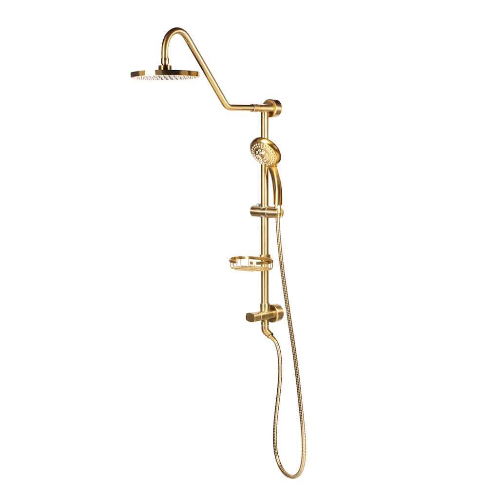 Kauai III 8-in Rain Showerhead Shower System with Slide Bar and Integrated Soap Dish Brushed Gold