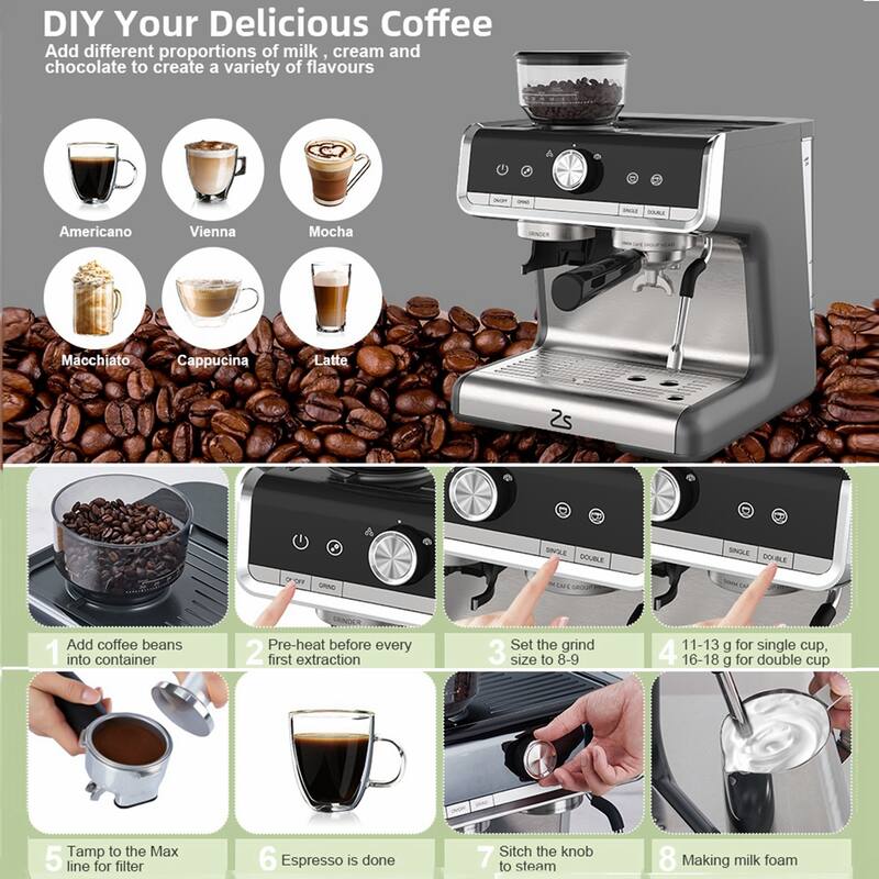 1450W Semi-Automatic Espresso Machine with Built-in Grinder and Milk Frother