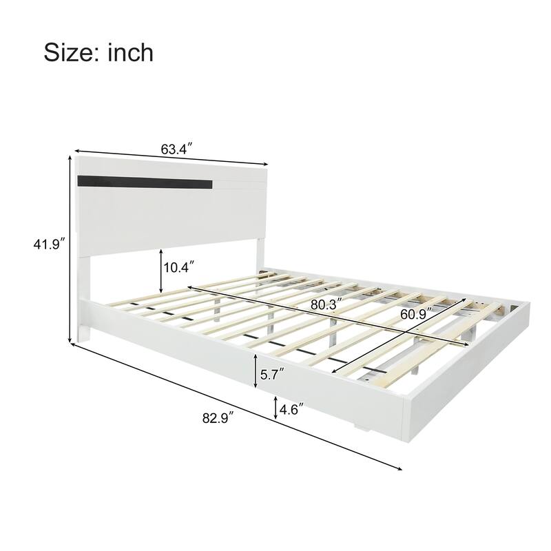 White High Gloss 3-Piece Bedroom Set, Queen Floating Bed with LED Lights & 2 Nightstands