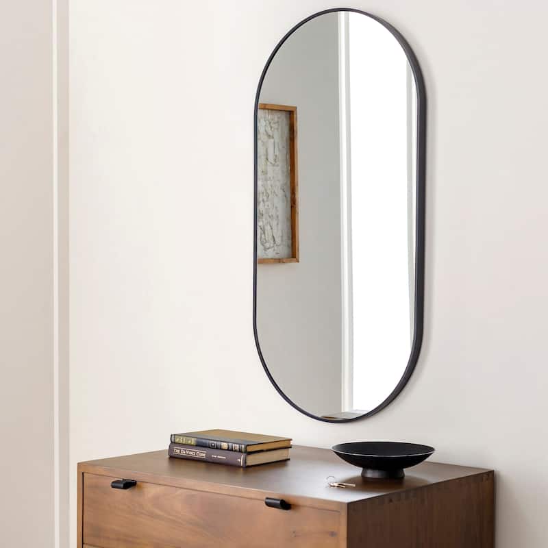 Livabliss Aranya Modern Aluminum Oval Pill-Shaped Accent Mirror - 16"H x 32"W x 1.1"D - Black