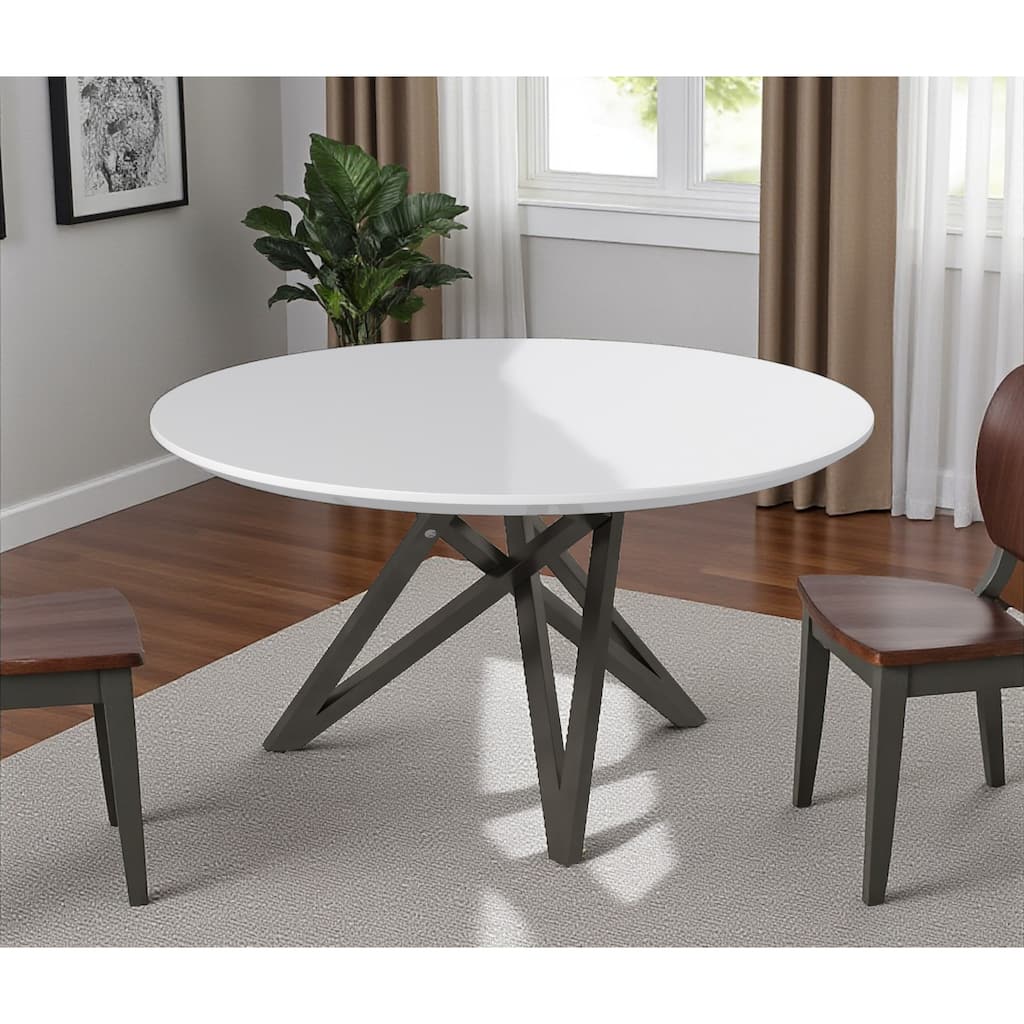 HomeRoots 47" White and Gray Wood and Stainless Steel Cross Leg Base Round Top Dining Table - 47.30 in. x 29.50 in. x 47.30 in.
