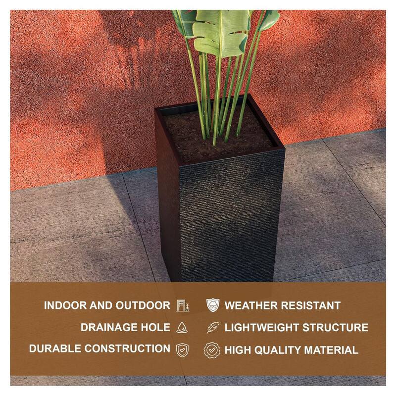 Basalt Modern Tall Square MGO Fiberstone Planter with Drainage, Weather-Resistant Indoor & Outdoor Patio Pot