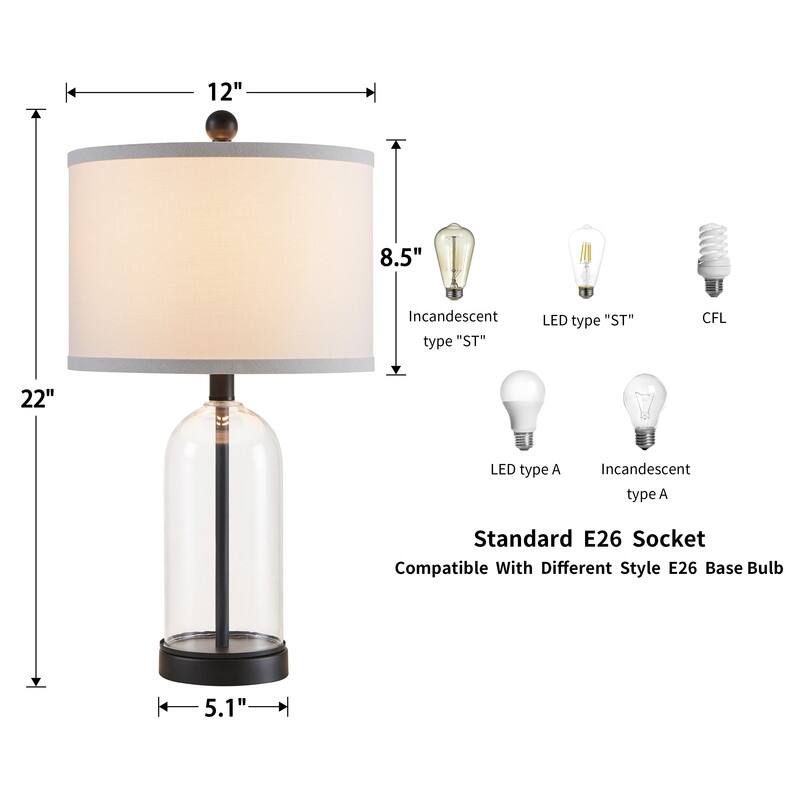 KAWOTI 22 inch Modern Clear Glass Bedside Table Lamp Set (set of 2) - W 12" * H 22"