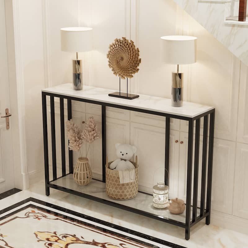 2 Tier Entryway Home Sofa Console Storage Table with Metal Black Frame