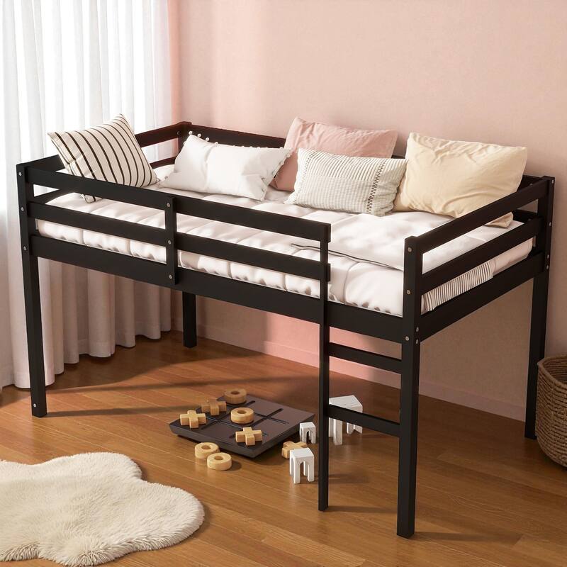 Solid Wood Twin Loft Bed with Ladder, Rubber Wood Frame Low Height Design with Guard Rails and Storage Space