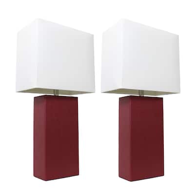 Porch & Den Fairway Red Leather With White Fabric Shades Modern Table Lamps (Set of 2)