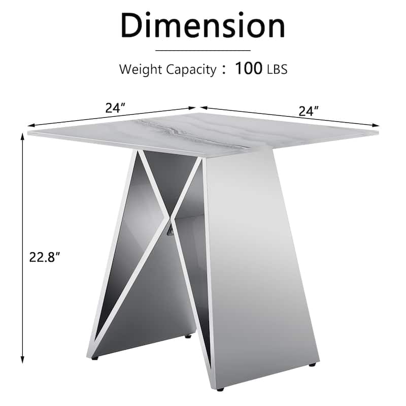 24 inch White Tempered Glass End Table with Mirrored M-Shaped Base