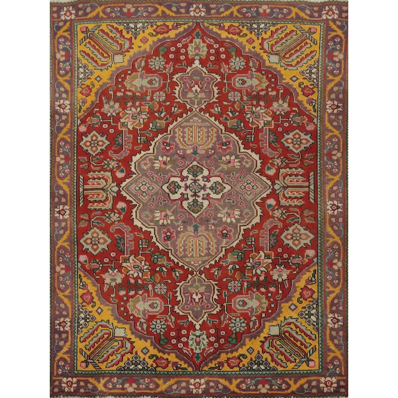 Hand Knotted Oriental 100% Wool Carpet Traditional Floral Red Tabriz Area Rug - 6' 1'' X 4' 5''