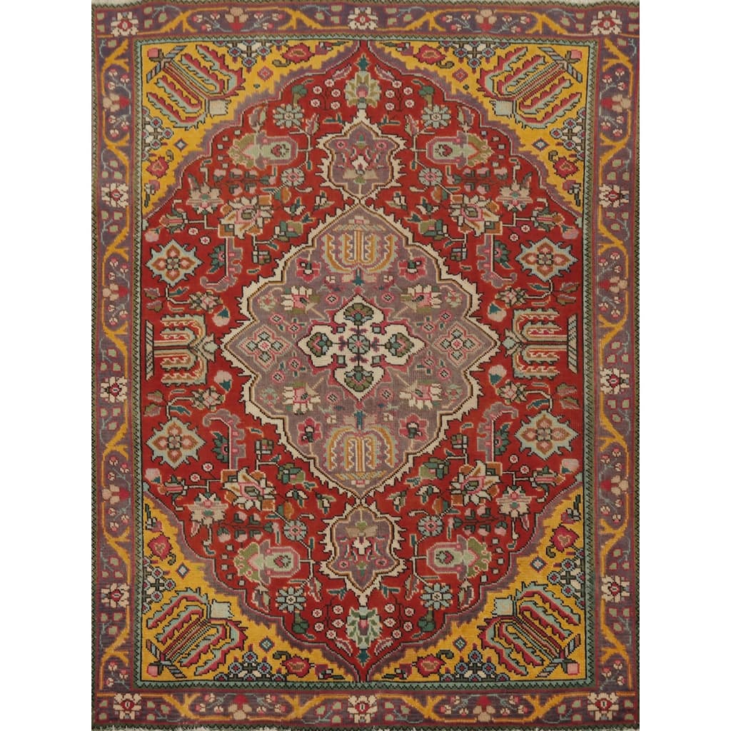 Hand Knotted Oriental 100% Wool Carpet Traditional Floral Red Tabriz Area Rug - 6' 1'' X 4' 5''