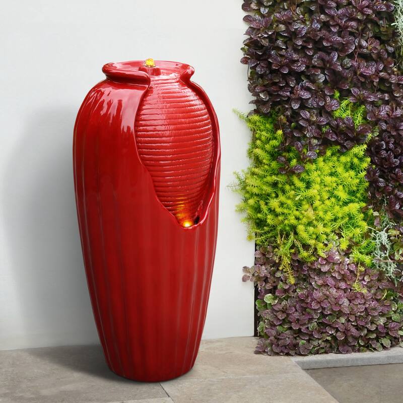 Teamson Home 32" Glazed Vase Outdoor Floor Fountain with LED Lights - Red