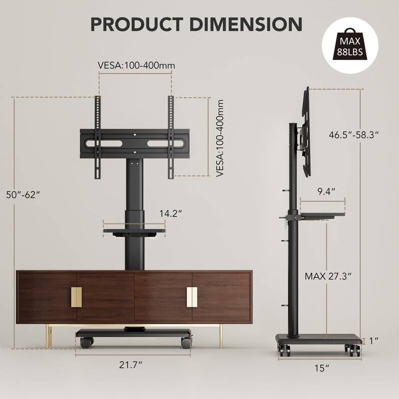 Mobile TV Stand for 27 to 65 Inch TVs, Portable Rolling TV Cart on Wheels