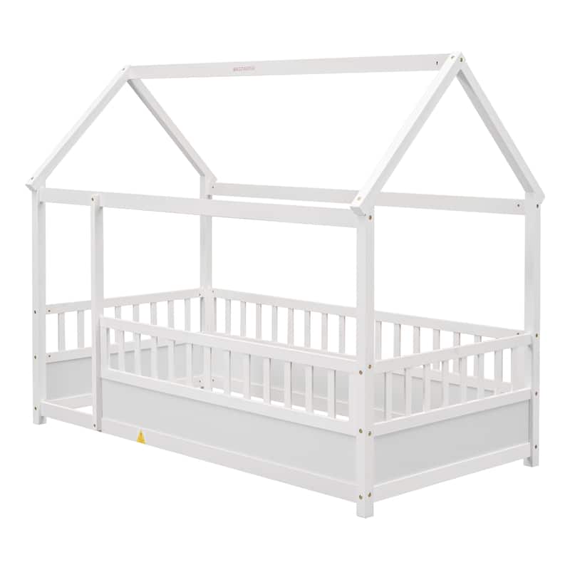 Twin Size Floor Wooden Bed with House Roof Frame