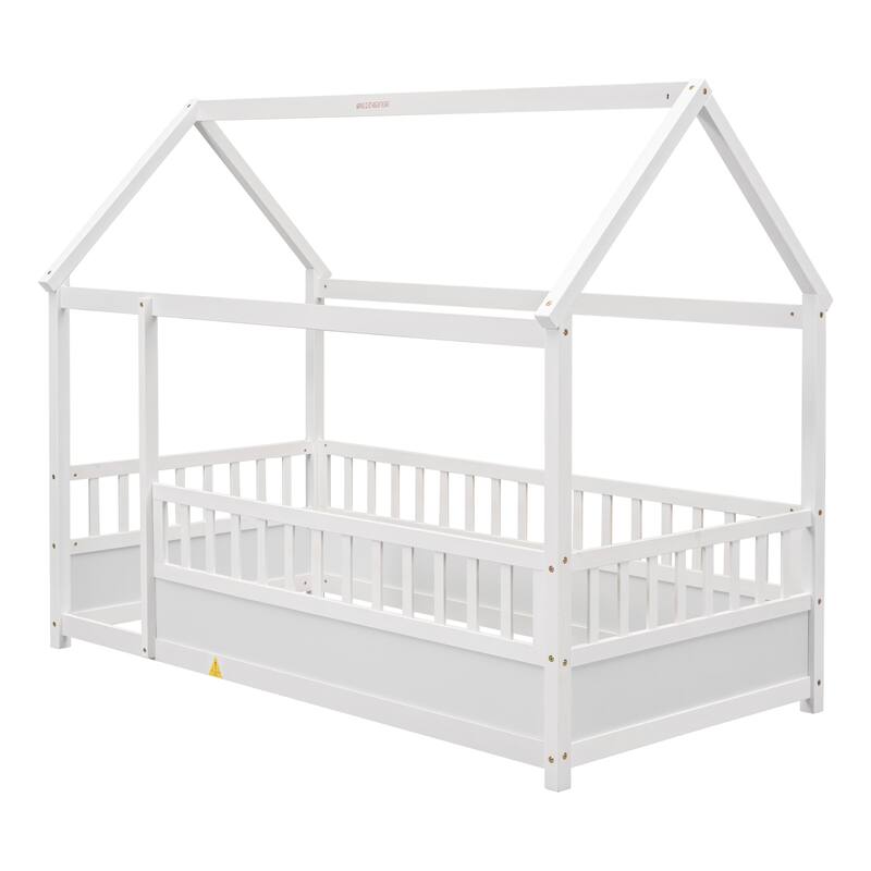 Twin Size Wooden Floor Bed with Roof Frame and High Fence Guardrails, White