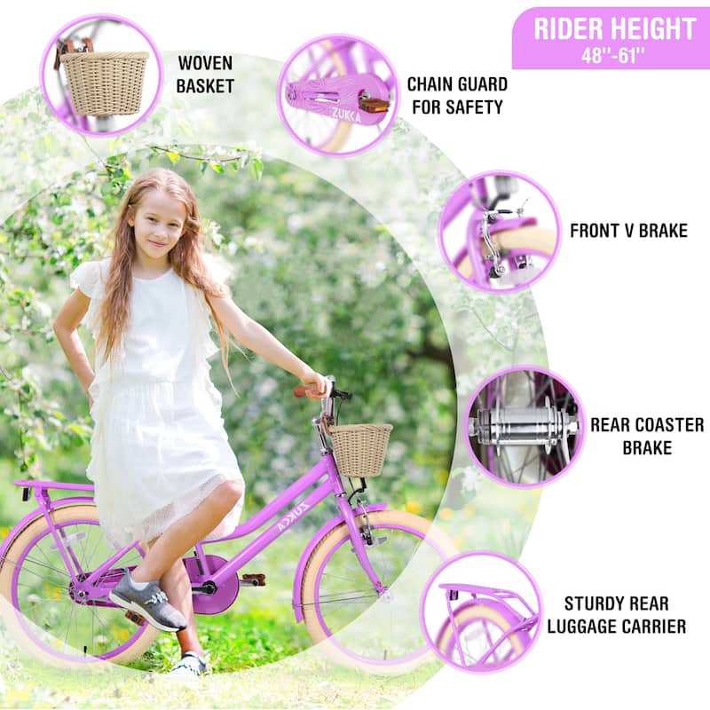 20 Inch Girls Bike with Basket, Single Speed Steel Frame, Front V-Brake & Rear Coaster Brake, Ages 7-10