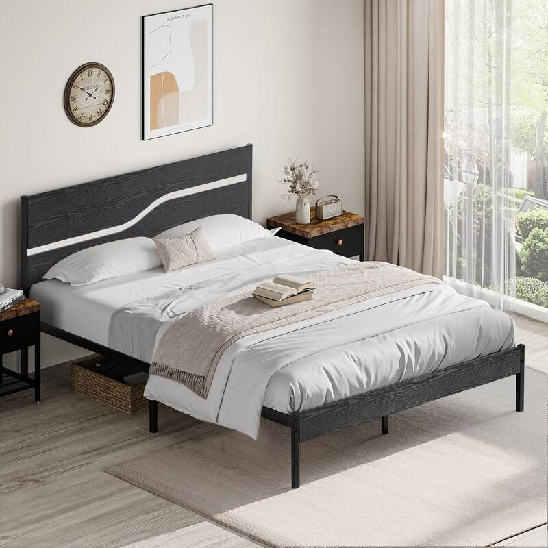 VECELO Beds Industrial Platform Bed Frame with Wood Headboard,Easy Set up