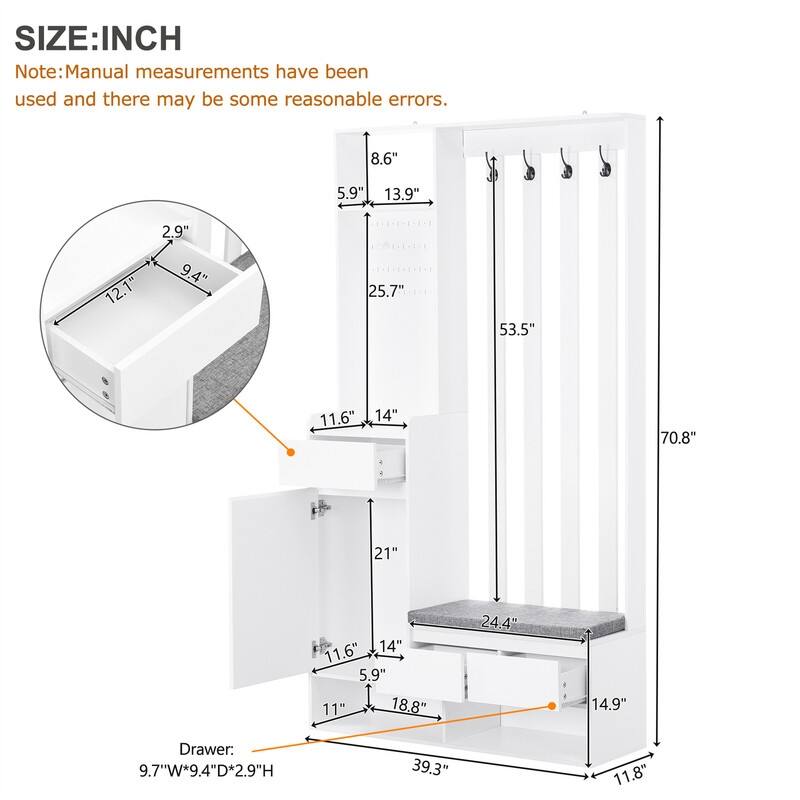 Multifunctional Hall Tree with Shoe Storage Bench, Cabinet & Drawers, Modern Coat Rack with 4 Hooks, Shoe Cabinet with Pegboard
