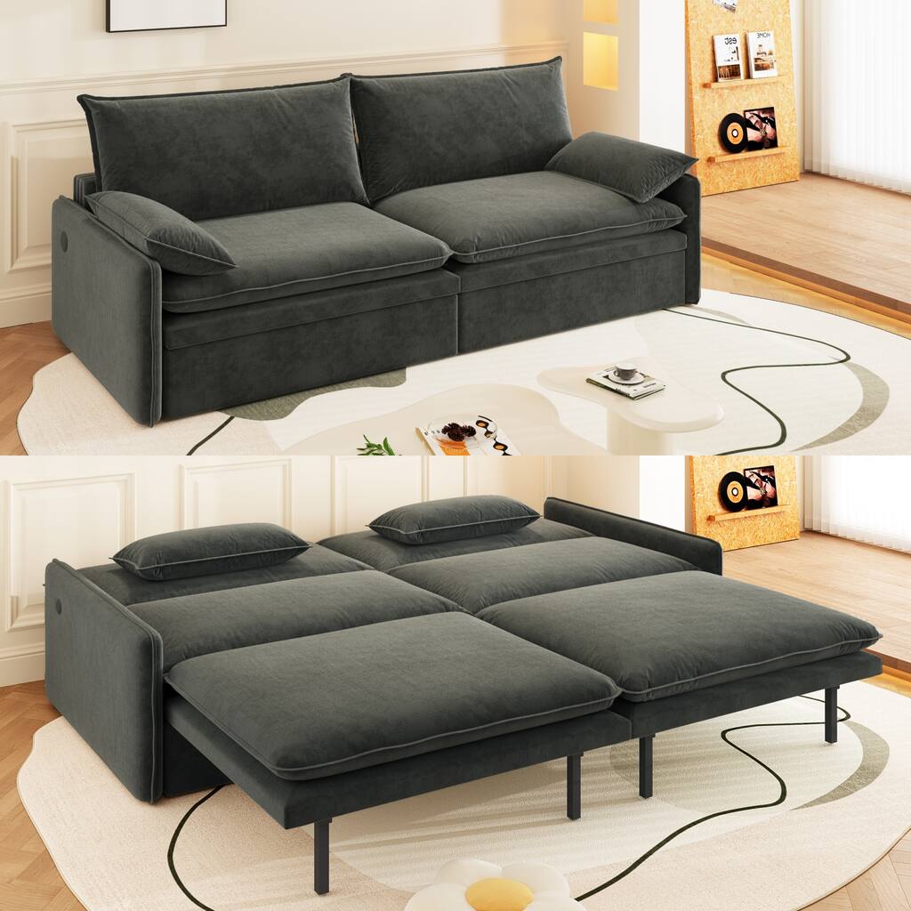 GDFStudio - Chenille 4-Seater Convertible Sleeper Sofa with Storage & USB Port