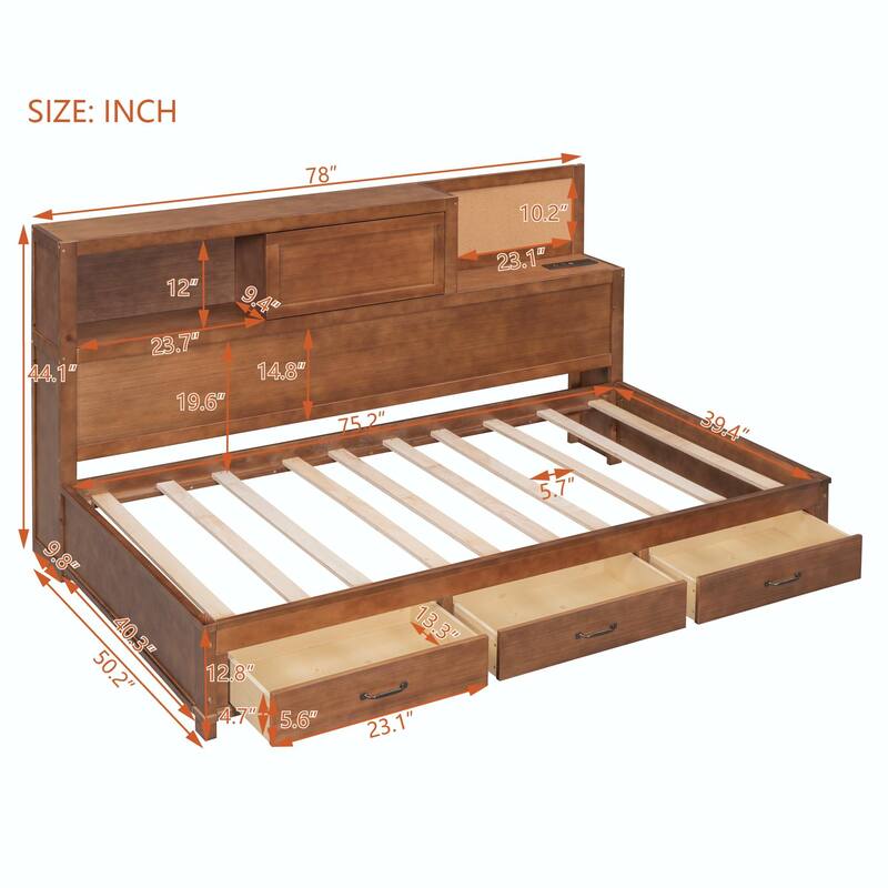 Wooden Daybed with Storage Drawers, Soft Board, Shelf, Sockets, USB Ports