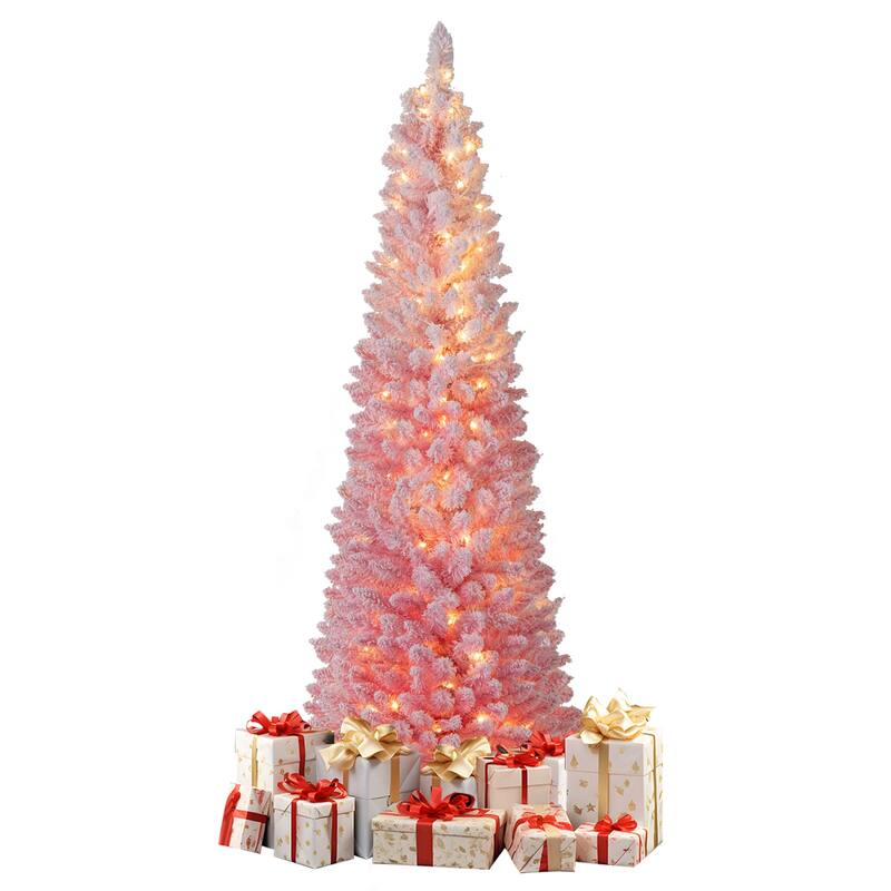 Pink Slim Christmas Tree with LED Lights and Snow-Flocked PVC Branches Included Metal Stand and Gloves