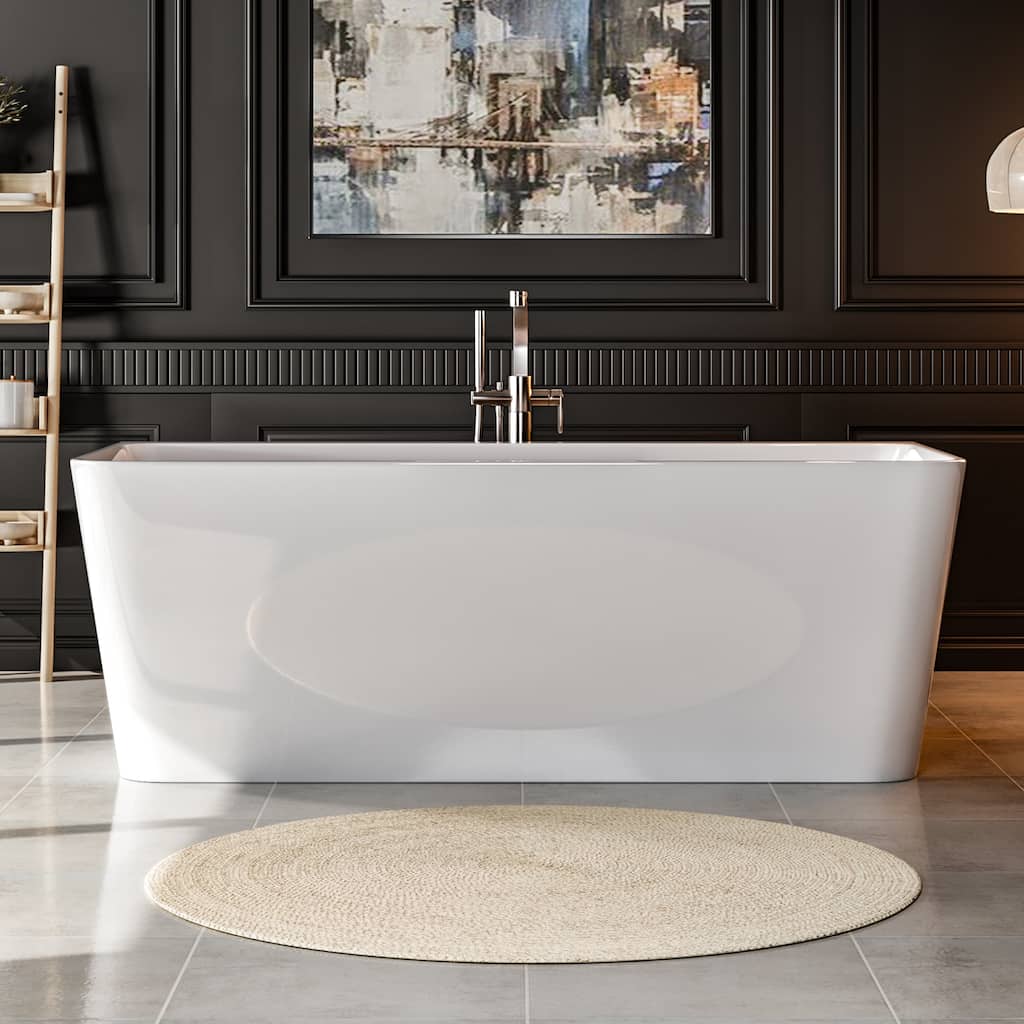 Empava 67 in. x 37.5 in. BACK TO WALL Flat Bottom Bath Tub Soaking Bathtub with Center Drain in White