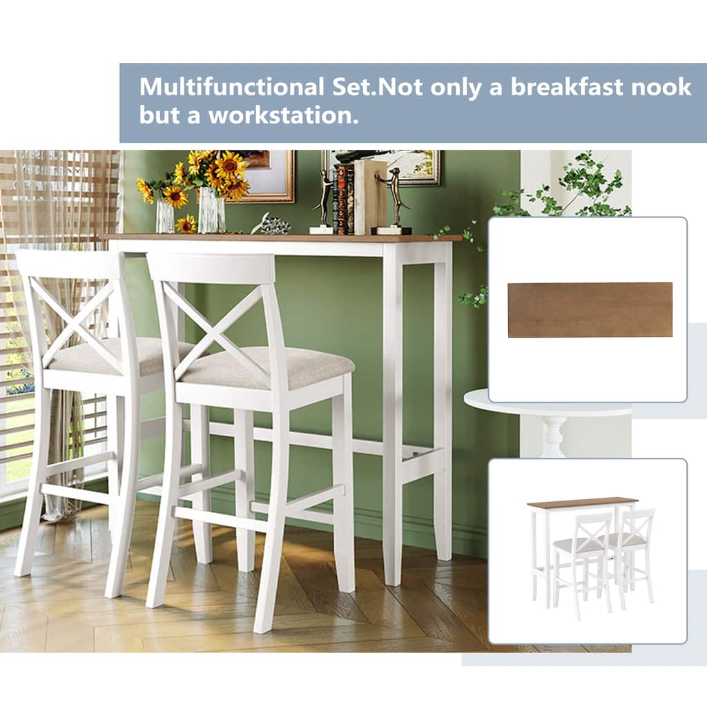 3-Piece Breakfast Nook, Wood Bar Height Dining Table Set, Kitchen Table Set with Bar Table and Cushioned Stools