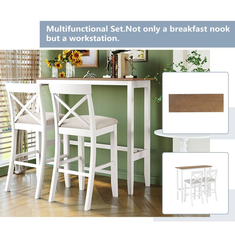 Farmhouse 48"Rectangular Wood Bar Height Dining Set Kitchen Breakfast Nook with 2 Chairs for Small Places