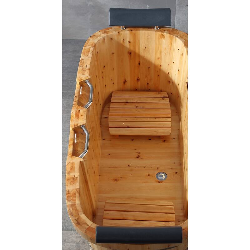 ALFI brand AB1130 65" 2 Person Free Standing Cedar Wooden Bathtub with Fixtures & Headrests - Brown