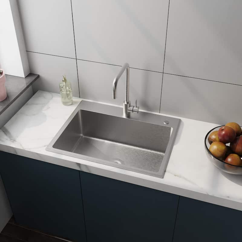 24 In. Drop-in Single Bowl 12 Gauge Silver Stainless Steel Kitchen Sink with Faucet - 24‘’ x 18'' - 24‘’ x 18'' - Silver