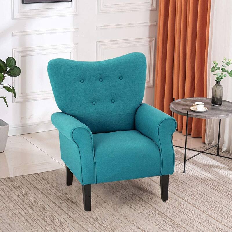 Erommy Wing back Arm Chair, Upholstered Fabric High Back Chair with Wood Legs - Solid - Teal