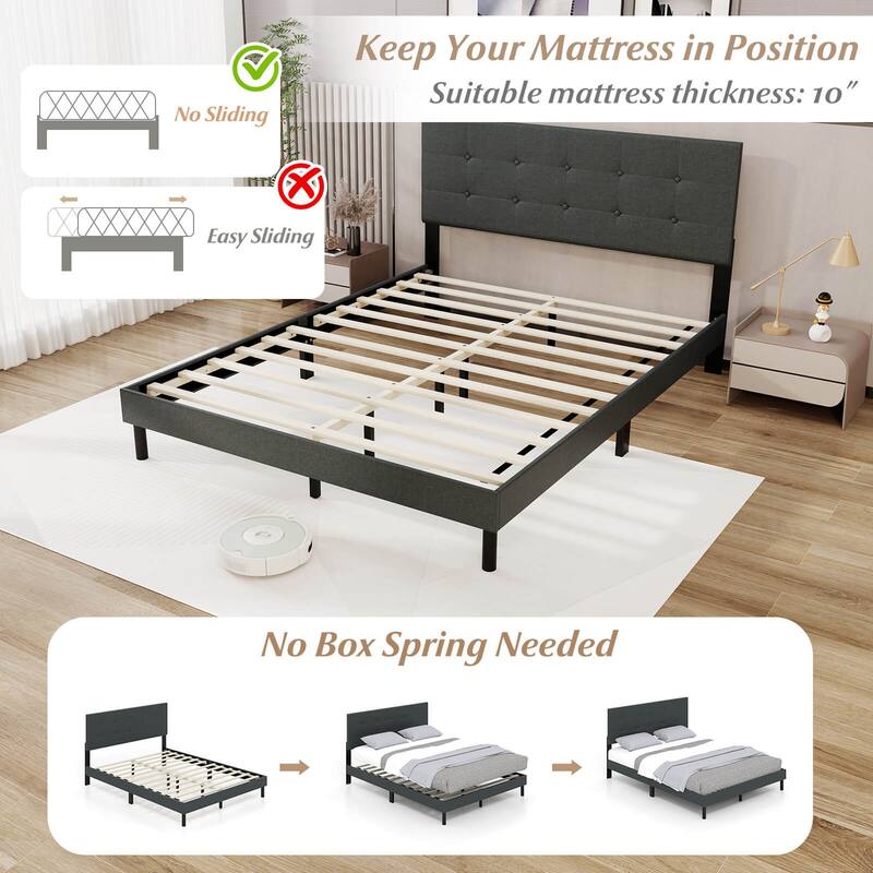 Costway Queen Size Bed Frame Linen Upholstered Platform Bed Frame with
