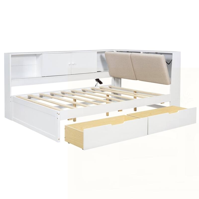 L-shaped Daybed Corner Bed with Storage Bookcase and USB Charging Ports