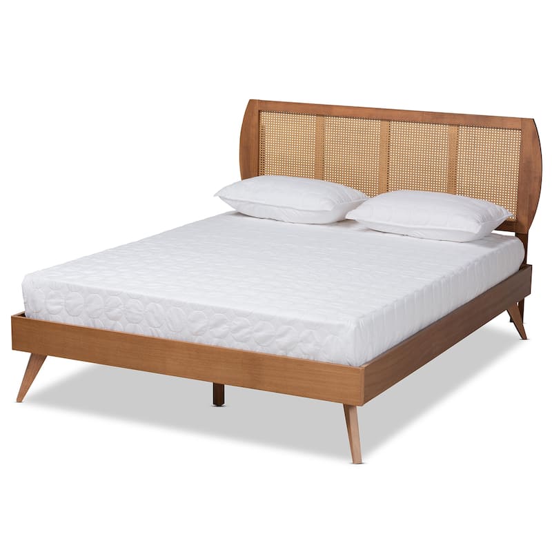 King Size Platform Bed - Wood & Rattan Design, Modern Style, Sturdy Frame, Angled Legs, Bedroom Furniture