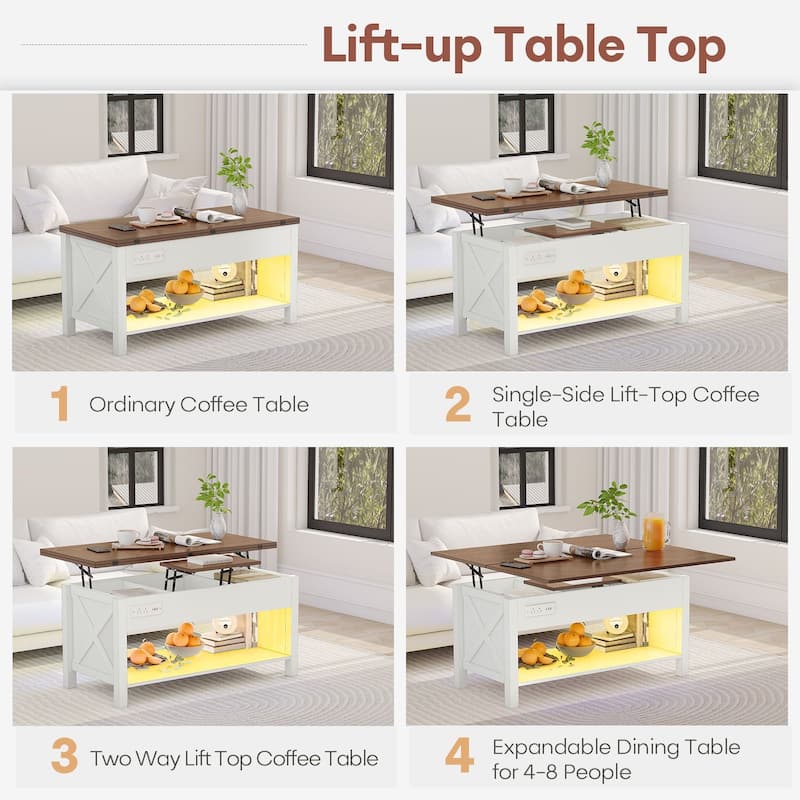 Gymojoy 42" 4-in-1 Lift Top Coffee Table with Charging & LED Lights, Farmhouse Storage Table for Living Room, Office, Dorm