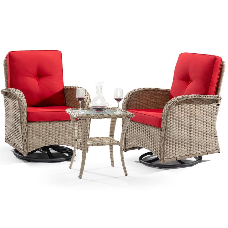 Cozywor 3-Piece Wicker Patio Swivel Outdoor Rocking Chair Conversation Set