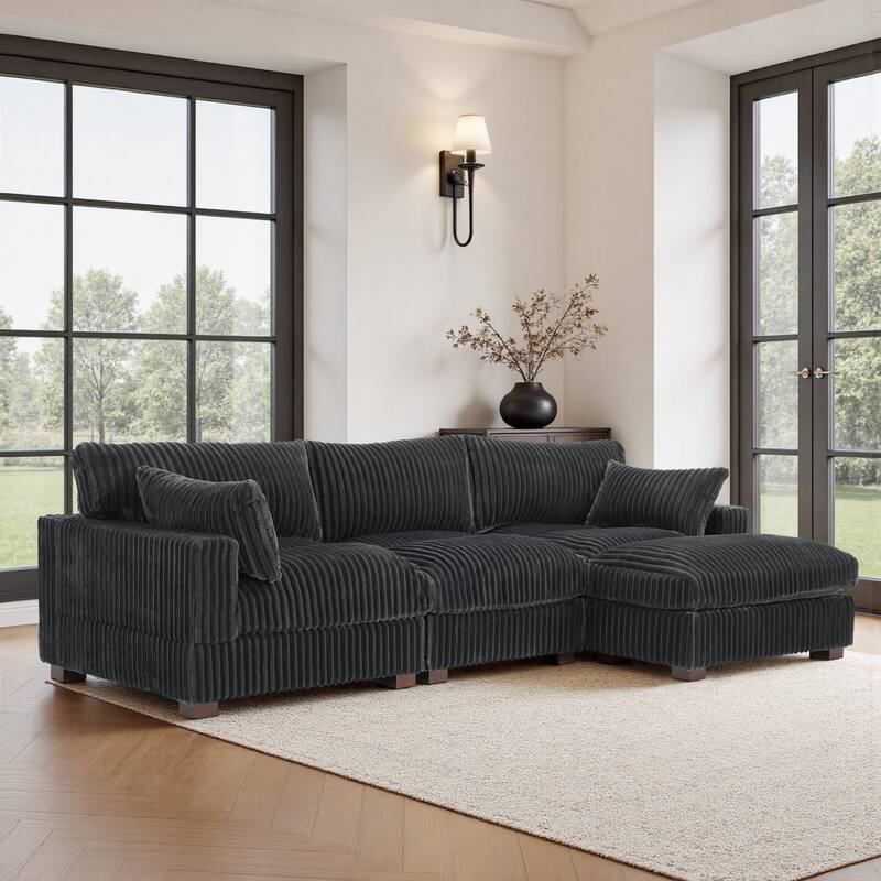 Upholstered Plush Flannel Modular Sectional Sofa with Pillows,Ajustable Headrest - Grey-4-Piece