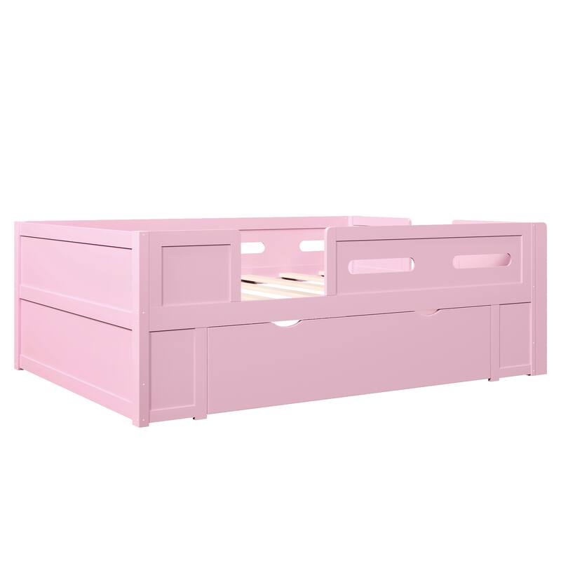 Kids Low Loft Bed with Stairs, Large Drawer and Guardrail, Semi-Enclosed Fence Platform Toddler Bed, Wooden Storage Daybed