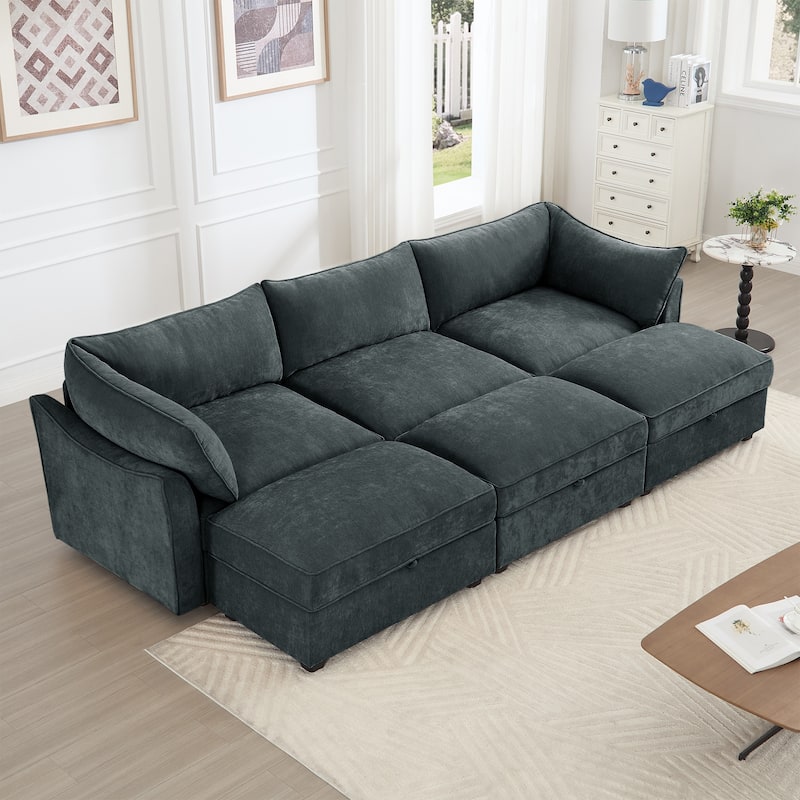Modular Upholstered Sofa with 3 Ottomans and Storage Drawers, Deep Seat Chenille Sleeper Couch for Living Room, Home Theater