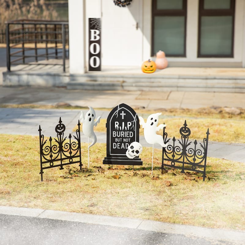 Glitzhome 24"H 5-Piece Halloween Metal Fences Tombstone Ghost Set Yard Stakes