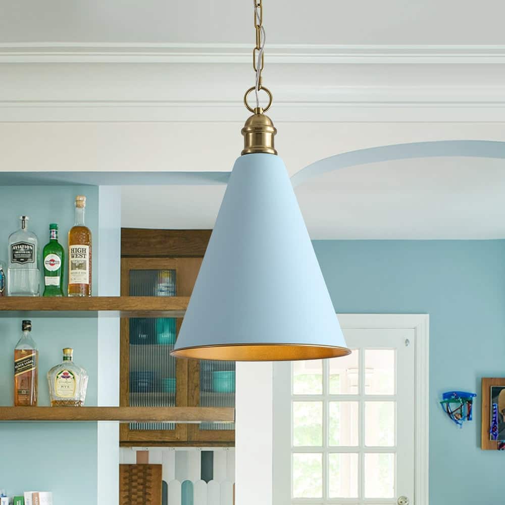 Scandinavian Aged Brass Light Blue Iron Conical Pendant Light