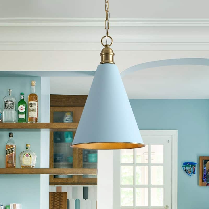 Scandinavian Aged Brass Light Blue Iron Conical Pendant Light