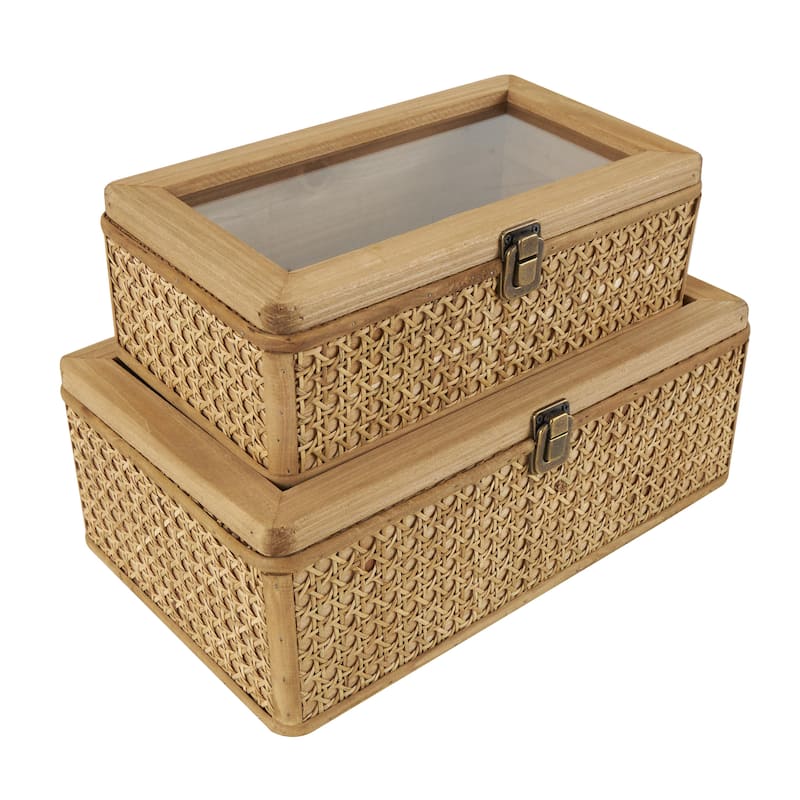 Rattan Handmade Woven Rattan Box with Glass Tops and Bronze Latches - Set of 2 Brown - Roche River Decor