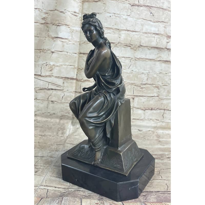 Graceful Bronze Sculpture Of A Seated Woman - Art Nouveau Style On Marble Base