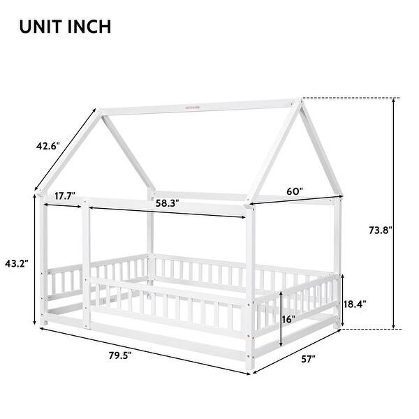 dimension image slide 1 of 2, Full Wood Size Floor Bed with Frame, Platform Bed with Guardrails,House Roof