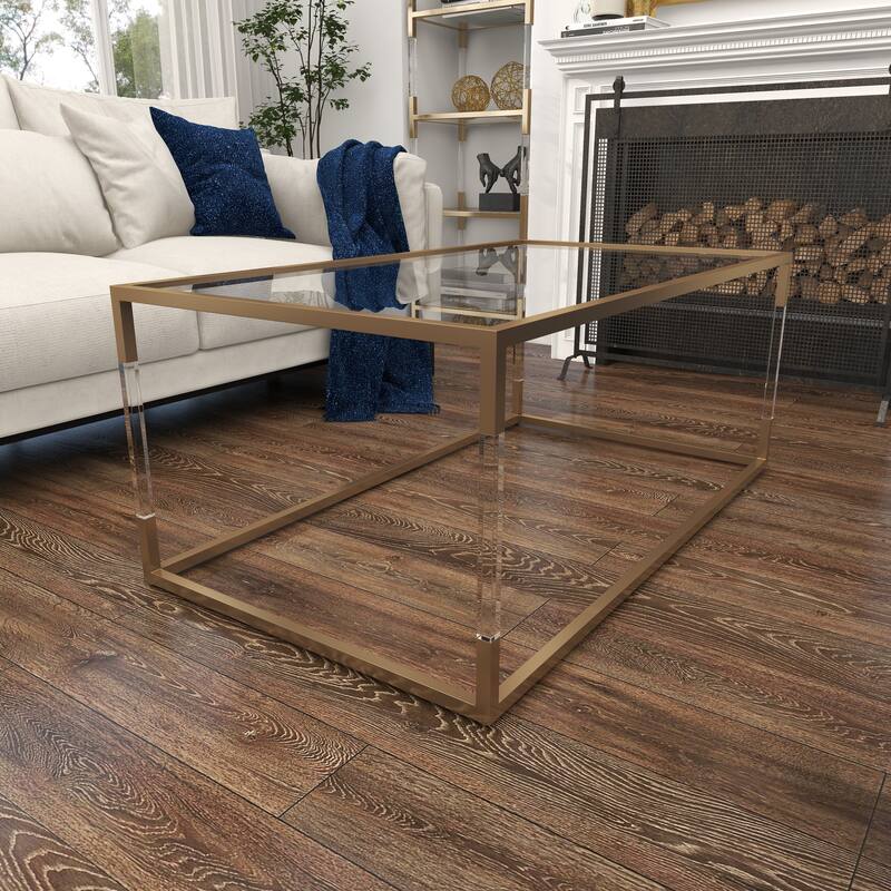Metal Open Framed Coffee Table with Clear Glass Top and Acrylic Legs - Gold or Clear - Roche River Decor