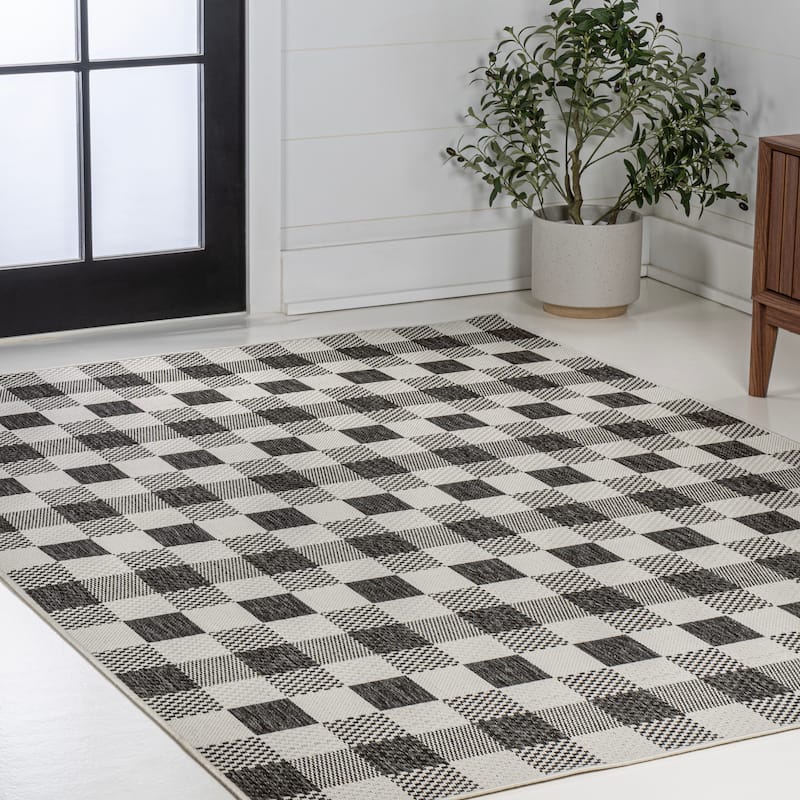 JONATHAN Y Biot Traditional Geometric Bold Gingham Black/Cream Indoor/Outdoor Area Rug
