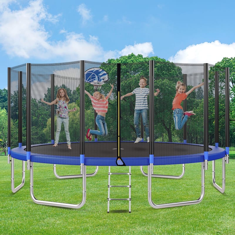 16FT Trampoline for Kids with Safety Enclosure Net, Basketball Hoop and Ladder, Round Outdoor Recreational Trampoline