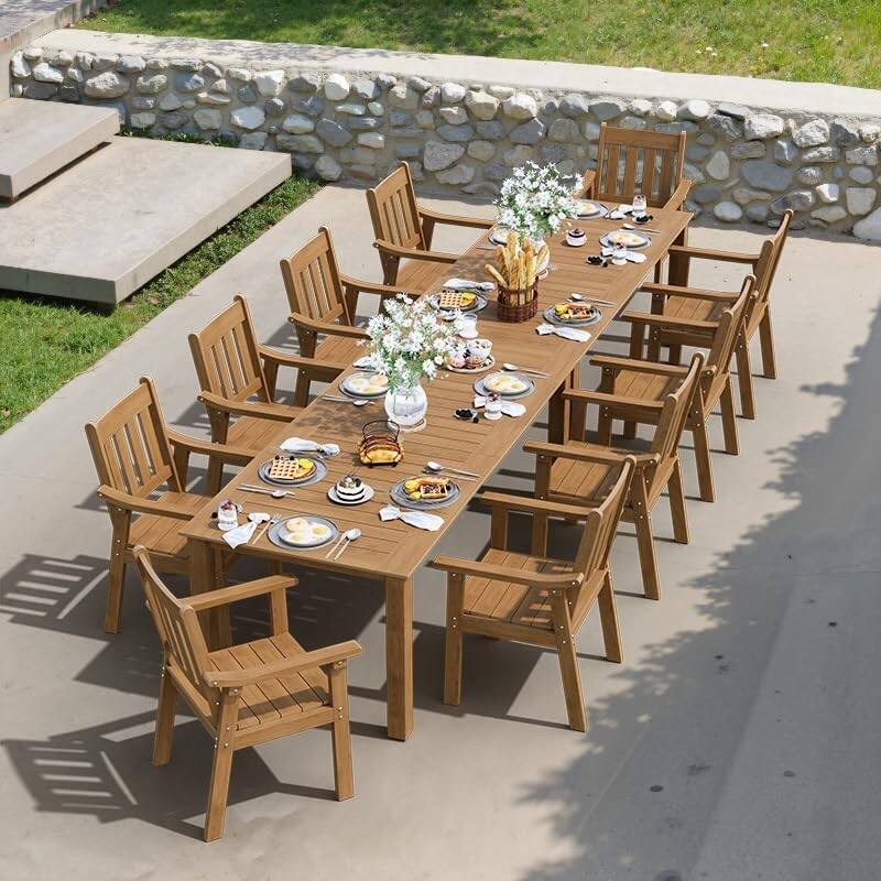 WINSOON 12-Piece HIPS All Weather Outdoor Patio Dining Sets with Umbrella Hole& Aluminum Frame,2-Table 10-Chairs - Teak