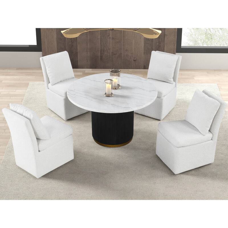 Furniture of America Torin Modern 5-Piece White Marble Top Round Dining Set with Boucle Upholstered Chairs