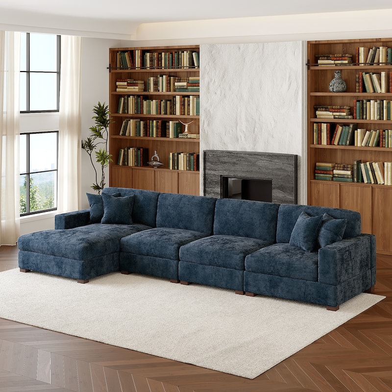 Modern Oversized Chenille Modular Sectional Sofa With Chaise - Blue/4 Piece - Left Facing